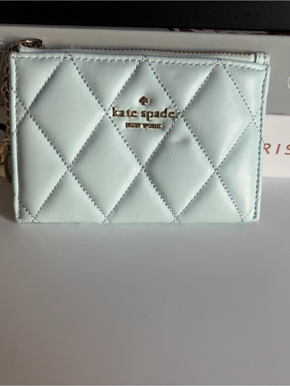kate spade Quilted Mint Zip Card Wallet with Gold Logo